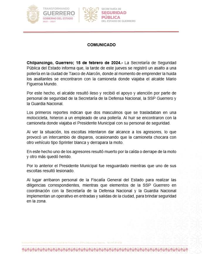 Alcalde de Taxco resultó ileso tras ataque armado: gobierno de Guerrero