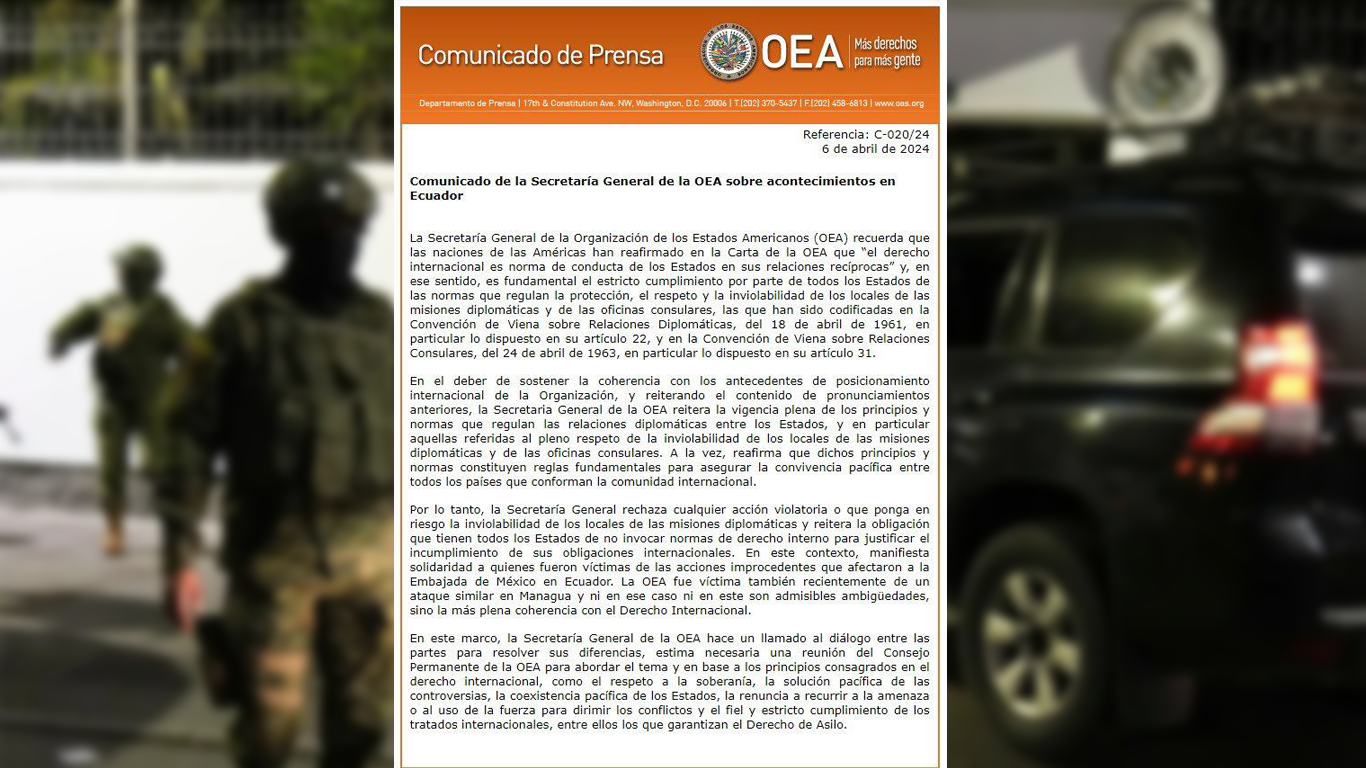 Condena la Organización de Estados Americanos la irrupción violenta de Ecuador en la embajada mexicana