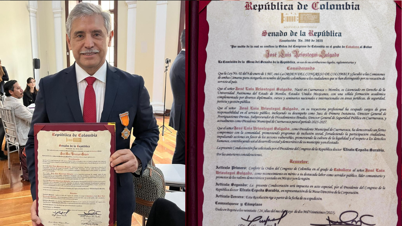 Reconocimiento internacional:  Alcalde de Cuernavaca es reconocido por Colombia